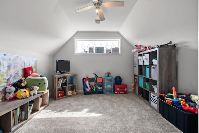 3723 Reed Rd, Indian Mound, TN 37079 - recreation room featuring carpet floors, a ceiling fan, and vaulted ceiling