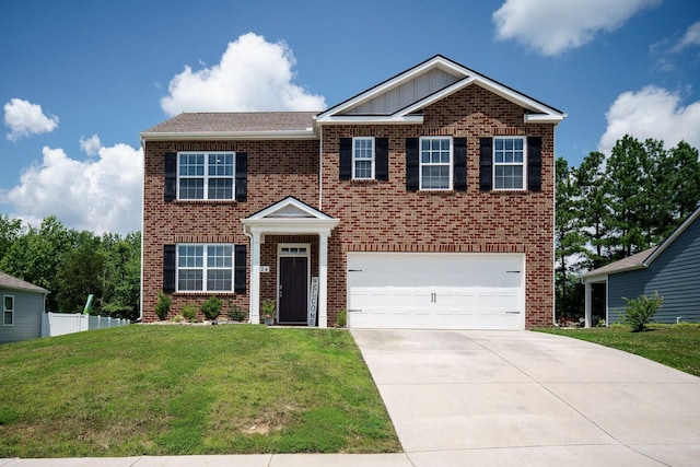 124 Nunally Dr, Baxter, TN 38544 - view of front of home with brick siding, a garage, concrete driveway, a front lawn, and board and batten siding
