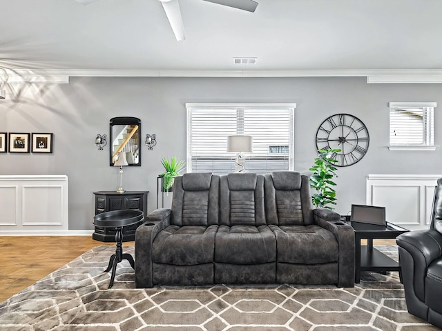 141 Tipton Pass, Spring Hill, TN 37174 - living room featuring crown molding, ceiling fan, wood finished floors, and healthy amount of natural light
