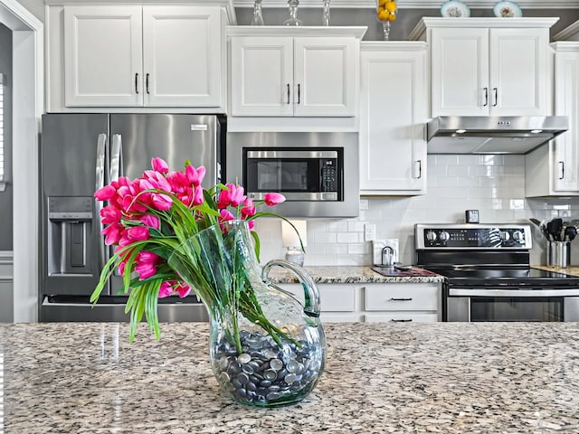 141 Tipton Pass, Spring Hill, TN 37174 - kitchen featuring appliances with stainless steel finishes, under cabinet range hood, white cabinetry, light stone countertops, and tasteful backsplash
