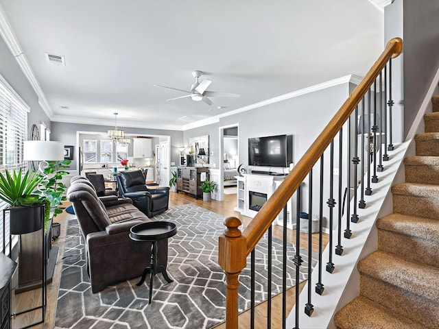 141 Tipton Pass, Spring Hill, TN 37174 - living room featuring plenty of natural light, ceiling fan, wood finished floors, crown molding, and stairway