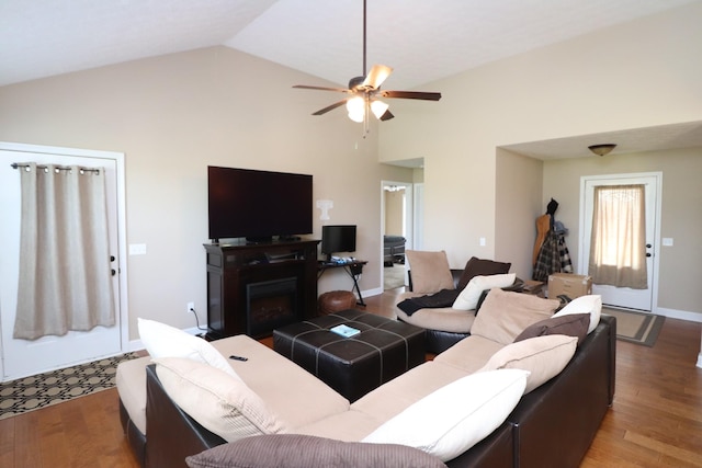 120 Mai Ridge Ln, Lafayette, TN 37083 - living room with wood finished floors, ceiling fan, high vaulted ceiling, and a fireplace