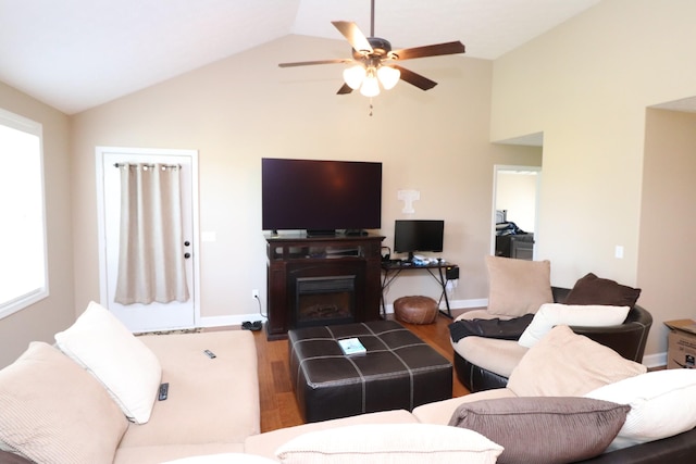 120 Mai Ridge Ln, Lafayette, TN 37083 - living room with ceiling fan, wood finished floors, high vaulted ceiling, and a fireplace