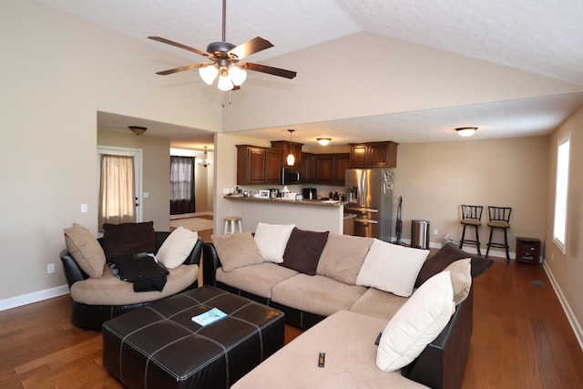 120 Mai Ridge Ln, Lafayette, TN 37083 - living room with lofted ceiling, ceiling fan, and dark wood finished floors