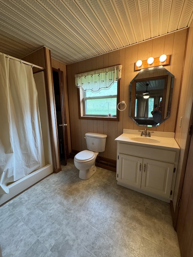 3911 Old Bottom Rd, Lafayette, TN 37083 - bathroom with a shower with curtain, vanity, and wood walls