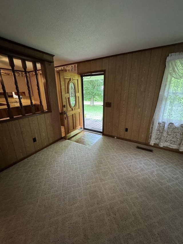 3911 Old Bottom Rd, Lafayette, TN 37083 - unfurnished living room with wood walls, plenty of natural light, carpet floors, and a textured ceiling