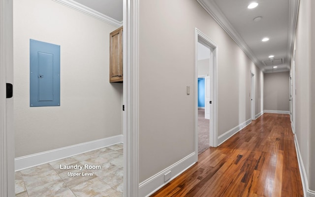 11 Saint Nicholas Way, Signal Mountain, TN 37377 - hall featuring electric panel, ornamental molding, attic access, recessed lighting, and wood finished floors