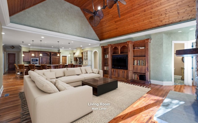 11 Saint Nicholas Way, Signal Mountain, TN 37377 - living area with high vaulted ceiling, ceiling fan, wood ceiling, wood finished floors, and recessed lighting