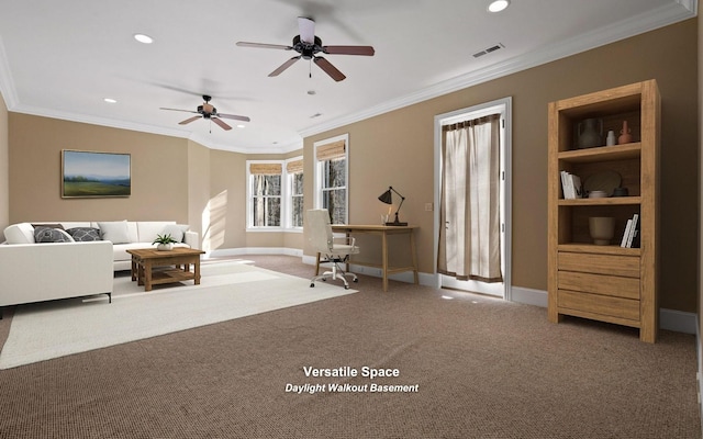 11 Saint Nicholas Way, Signal Mountain, TN 37377 - carpeted living room featuring crown molding, recessed lighting, and ceiling fan