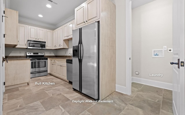 11 Saint Nicholas Way, Signal Mountain, TN 37377 - kitchen with appliances with stainless steel finishes, dark countertops, crown molding, and recessed lighting