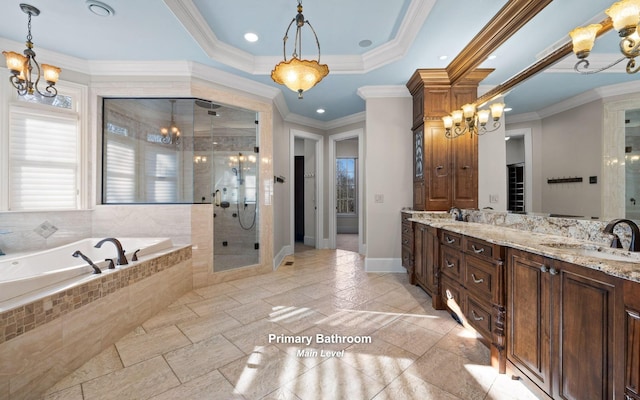 11 Saint Nicholas Way, Signal Mountain, TN 37377 - bathroom featuring double vanity, a bath, a chandelier, a stall shower, and crown molding