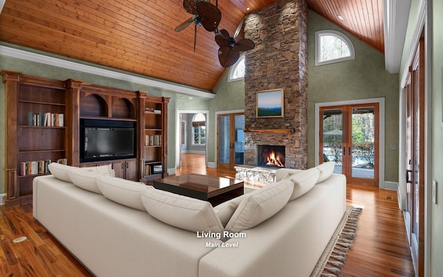 11 Saint Nicholas Way, Signal Mountain, TN 37377 - living area with wood ceiling, high vaulted ceiling, french doors, a ceiling fan, and wood finished floors