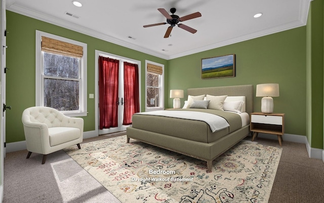 11 Saint Nicholas Way, Signal Mountain, TN 37377 - bedroom with multiple windows, light carpet, ornamental molding, a ceiling fan, and recessed lighting