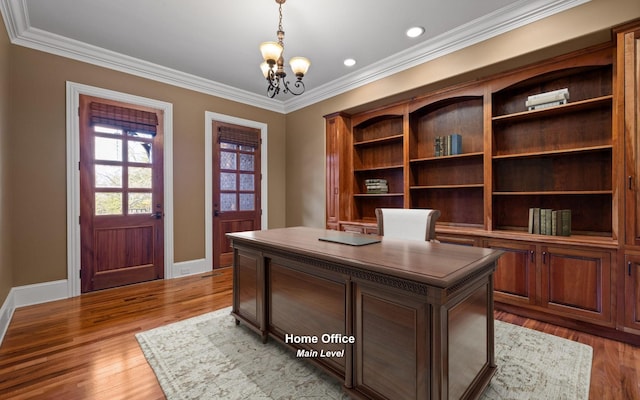 11 Saint Nicholas Way, Signal Mountain, TN 37377 - office area featuring a chandelier, ornamental molding, wood finished floors, and recessed lighting