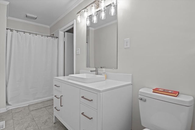 215 Sunset Dr, New Johnsonville, TN 37134 - bathroom with vanity, ornamental molding, and a shower with shower curtain