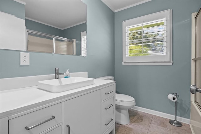 215 Sunset Dr, New Johnsonville, TN 37134 - full bathroom featuring vanity, a shower with shower door, and ornamental molding