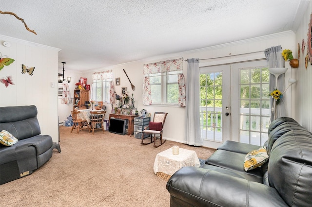 1205 Bloom Landing Rd, Charlotte, TN 37036 - living area featuring crown molding, a textured ceiling, carpet flooring, and french doors