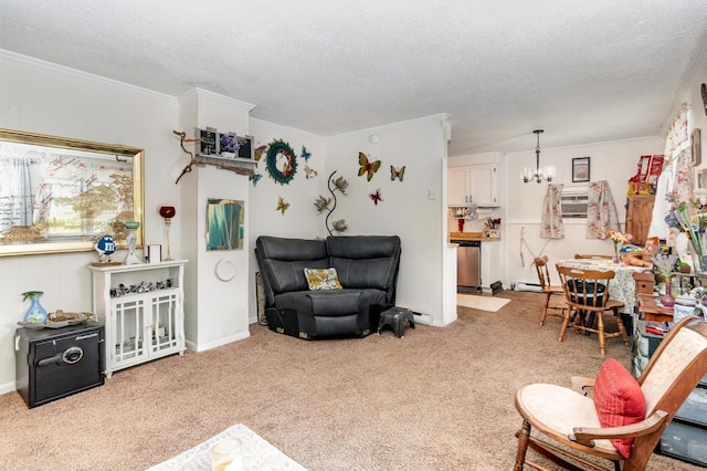 1205 Bloom Landing Rd, Charlotte, TN 37036 - living room with a textured ceiling, a chandelier, carpet flooring, and ornamental molding
