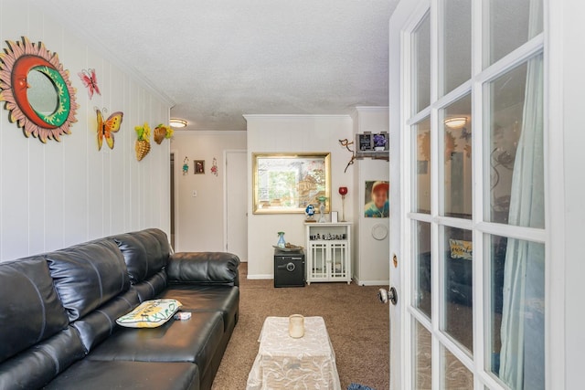 1205 Bloom Landing Rd, Charlotte, TN 37036 - living room with crown molding, carpet, a textured ceiling, and french doors