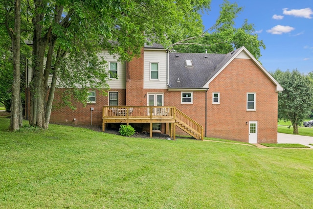 9214 Hunterboro Dr, Brentwood, TN 37027 - rear view of property featuring a deck, stairway, a yard, brick siding, and a shingled roof