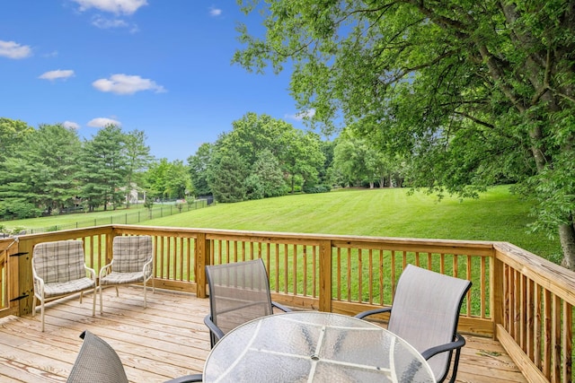 9214 Hunterboro Dr, Brentwood, TN 37027 - deck featuring outdoor dining space, a yard, and view of scattered trees