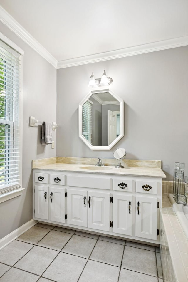 9214 Hunterboro Dr, Brentwood, TN 37027 - bathroom featuring crown molding, vanity, tile patterned floors, and a relaxing tiled tub