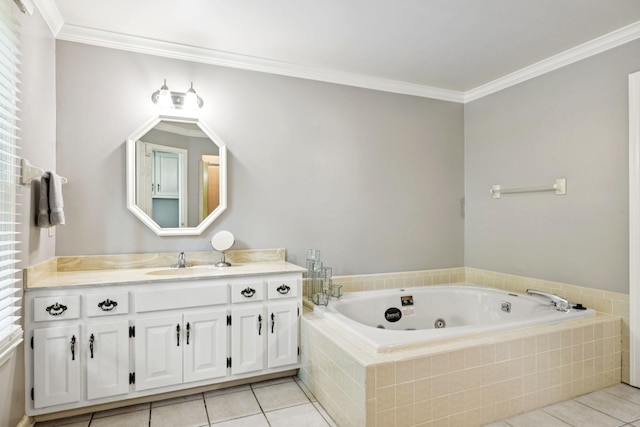 9214 Hunterboro Dr, Brentwood, TN 37027 - full bath with tile patterned floors, vanity, a jetted tub, and ornamental molding
