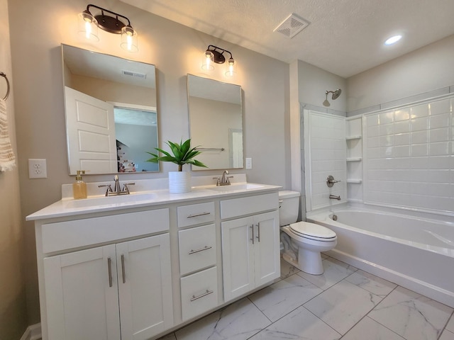 1204 Boulder Pass Rd, Clarksville, TN 37040 - full bathroom featuring marble finish floors, double vanity, shower / bath combination, recessed lighting, and a textured ceiling