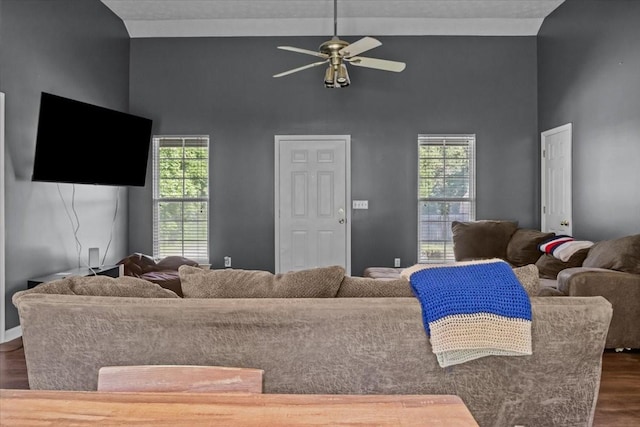 7173 New Hope Rd, Fairview, TN 37062 - living room with dark wood-style flooring, ceiling fan, plenty of natural light, and high vaulted ceiling