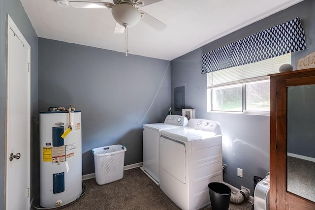 1532 Santa Fe Pike, Columbia, TN 38401 - laundry area with electric water heater, washing machine and clothes dryer, electric panel, carpet flooring, and a ceiling fan