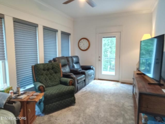 115 Bent Oak Ter, Crossville, TN 38558 - living area with a ceiling fan, crown molding, and carpet