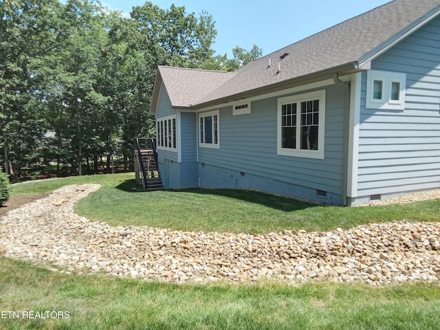 115 Bent Oak Ter, Crossville, TN 38558 - view of side of property featuring crawl space, stairway, a yard, and roof with shingles