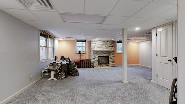 3388 Budds Creek Rd, Palmyra, TN 37142 - below grade area with carpet flooring, a fireplace, and a paneled ceiling