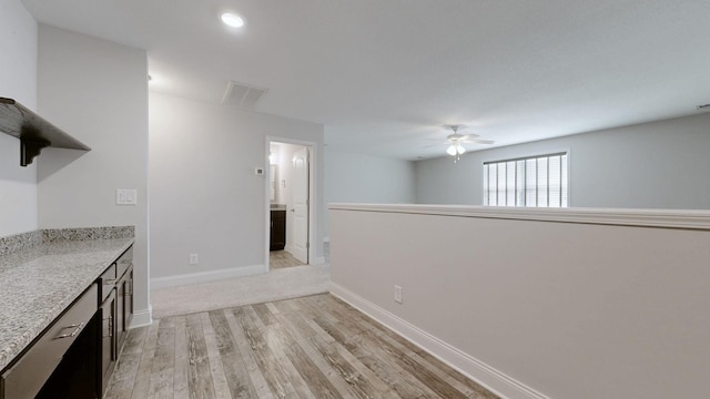 1012 Michaela Cir, Clarksville, TN 37043 - kitchen with open shelves, ceiling fan, light wood finished floors, recessed lighting, and light stone countertops
