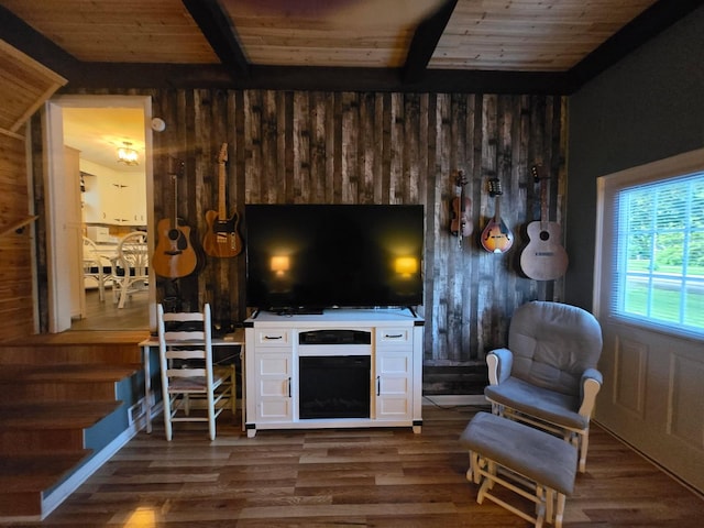 117 June Dr, Dickson, TN 37055 - living area with wood finished floors, a wood ceiling with exposed beams, and wooden walls