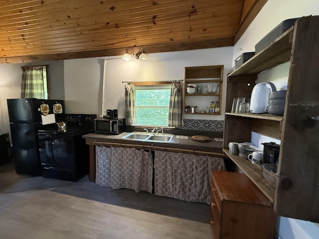 170 Webb Rd, Summertown, TN 38483 - kitchen with black appliances, wooden ceiling, wood finished floors, open shelves, and dark countertops
