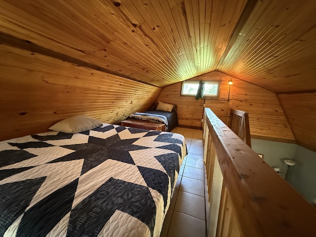 170 Webb Rd, Summertown, TN 38483 - bedroom featuring wood ceiling, vaulted ceiling, wooden walls, and light tile patterned floors