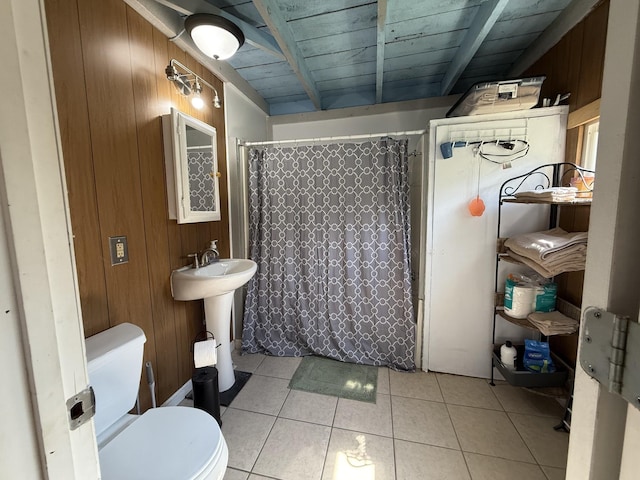 170 Webb Rd, Summertown, TN 38483 - full bathroom with tile patterned flooring, wooden walls, and a shower with curtain