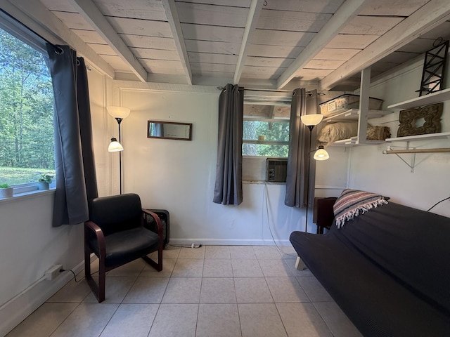 170 Webb Rd, Summertown, TN 38483 - living area featuring beam ceiling, cooling unit, and tile patterned floors