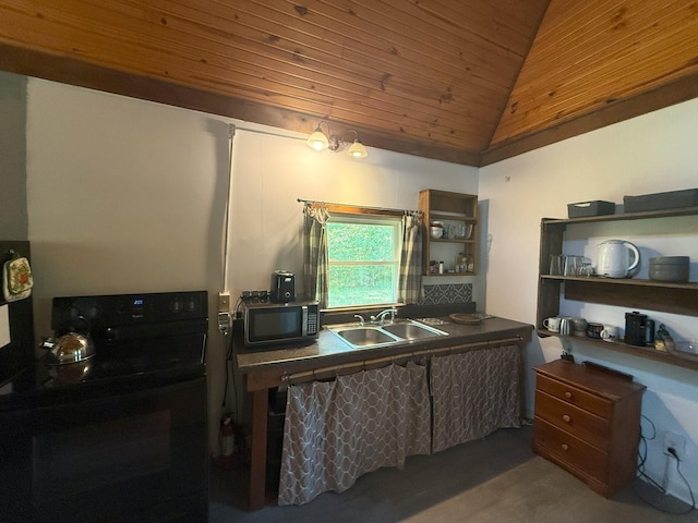 170 Webb Rd, Summertown, TN 38483 - kitchen featuring black appliances, wooden ceiling, open shelves, dark countertops, and high vaulted ceiling