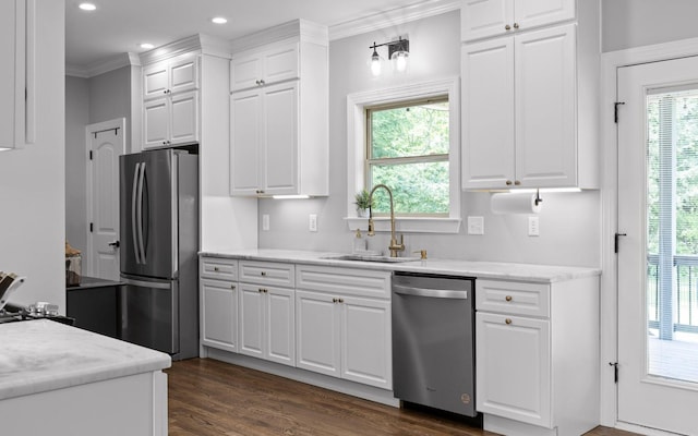 8366 Gracie Mac Ln, Ooltewah, TN 37363 - kitchen featuring stainless steel appliances, crown molding, white cabinetry, recessed lighting, and dark wood-style flooring