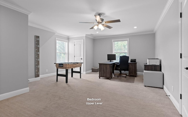 8366 Gracie Mac Ln, Ooltewah, TN 37363 - office area featuring ceiling fan, light carpet, ornamental molding, and recessed lighting