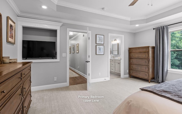 8366 Gracie Mac Ln, Ooltewah, TN 37363 - bedroom featuring light carpet, ornamental molding, recessed lighting, ensuite bathroom, and a raised ceiling