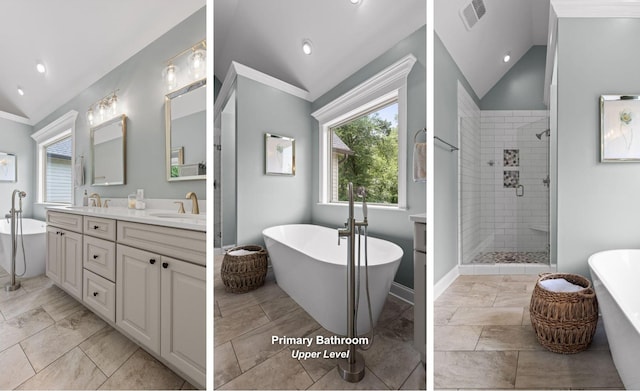 8366 Gracie Mac Ln, Ooltewah, TN 37363 - full bath featuring vaulted ceiling, double vanity, a stall shower, a freestanding bath, and recessed lighting