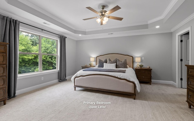 8366 Gracie Mac Ln, Ooltewah, TN 37363 - bedroom featuring ornamental molding, light carpet, a raised ceiling, recessed lighting, and ceiling fan