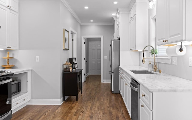 8366 Gracie Mac Ln, Ooltewah, TN 37363 - kitchen featuring appliances with stainless steel finishes, white cabinetry, dark wood-type flooring, light stone counters, and recessed lighting