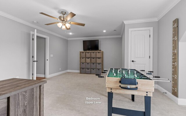 8366 Gracie Mac Ln, Ooltewah, TN 37363 - recreation room featuring light carpet, ceiling fan, ornamental molding, and recessed lighting