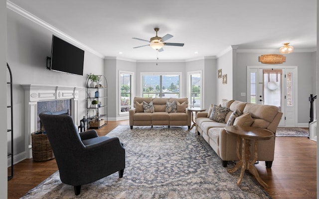 8366 Gracie Mac Ln, Ooltewah, TN 37363 - living area featuring wood finished floors, ceiling fan, a fireplace, crown molding, and recessed lighting