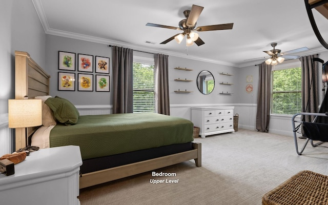 8366 Gracie Mac Ln, Ooltewah, TN 37363 - bedroom with crown molding, carpet, a ceiling fan, and a wainscoted wall