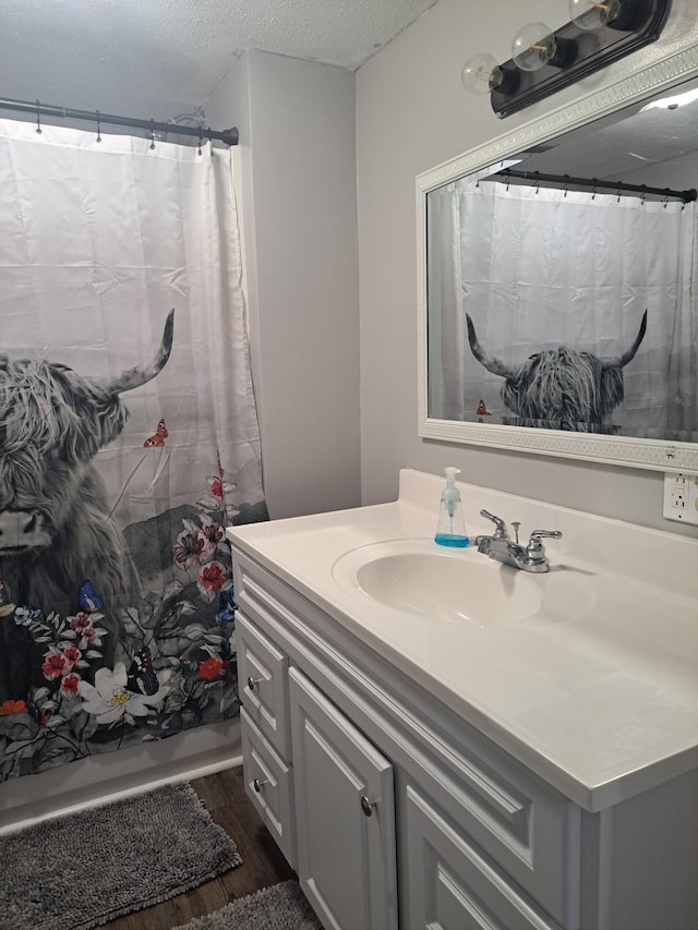 808 Days Rd, Lafayette, TN 37083 - full bathroom featuring wood finished floors, vanity, curtained shower, and a textured ceiling